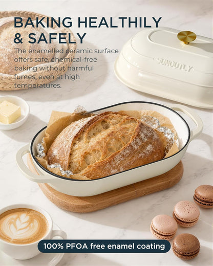 Enameled Cast Iron Bread Oven, 5QT Cast Iron Dutch Oven for Homemade Sourdough Bread Baking, Oval Bread Pot with Dome Lid & Cotton Potholders, Cream White3