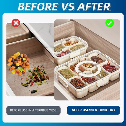 Air-Tight Snackle Box Container –Divided Serving Tray with Lid & Handle–Clear Snack Box for Fruits, Candy & Nuts–Portable for Travel & Daily Use (8 inside Containers Dishwasher Safe)6