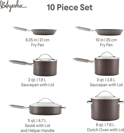 Curry Kitchenware Professional Hard Anodized Nonstick Cookware Pots and Pans Set, 10 Piece, Charcoal2