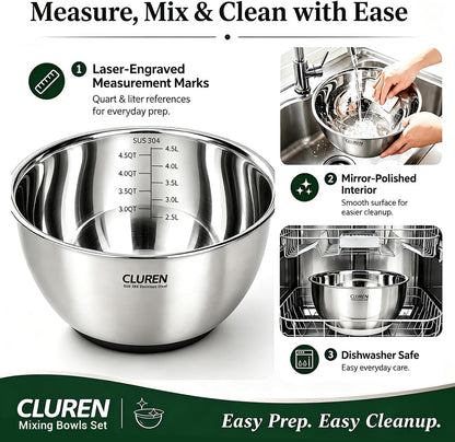 304 Stainless Steel Mixing Bowls Set, 3-Piece (1.5, 3 & 5 QT)4