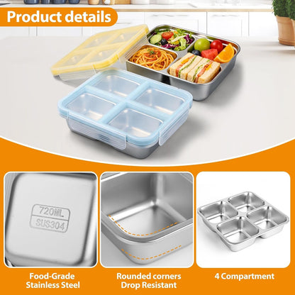 4 Pack Stainless Steel Snack Containers with Lids, 4-Compartment Leakproof Bento Snack Boxes, Reusable Dishwasher Safe Food Storage Containers for Adults, Office, Travel & Meal Prep (4Pack-A)4