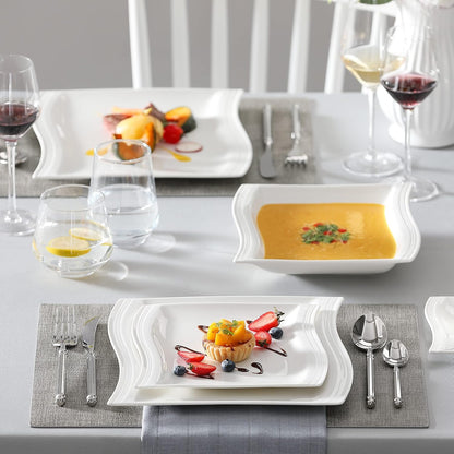 Ivory White Dinnerware Sets, 30-Piece Porcelain Plates and Bowls Sets, Modern Dish Set for 6, Square Plates Dinnerware Set Kitchen Dishware Sets, Microwave and Dishwasher Safe, Series Flora5