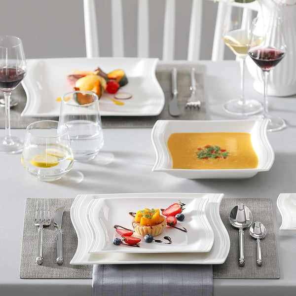 Ivory White Dinnerware Sets, 30-Piece Porcelain Plates and Bowls Sets, Modern Dish Set for 6, Square Plates Dinnerware Set Kitchen Dishware Sets, Microwave and Dishwasher Safe, Series Flora5