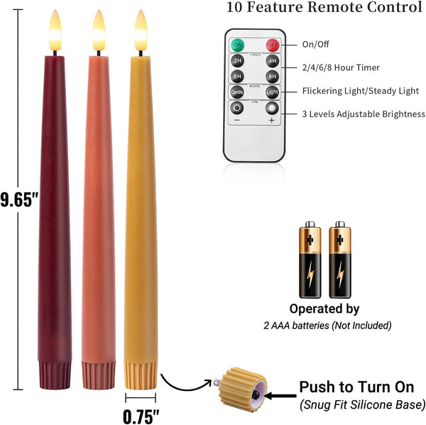 Fall Flameless Taper Candles with Remote and Timer, 9.65 Inch Real Wax LED Candlesticks, Battery Operated Thanksgiving Candles with 3D Flickering Flame, Bordeaux, Terra Cotta & Caramel, 6 Pack6