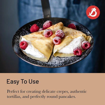 Blue Carbon Steel Crepe & Tortilla Pan - 9.5” Diameter, 7.75” Cooking Surface - Ideal for Making & Reheating Crepes, Tortillas & Pancakes - Naturally Non-Stick Finish - Made in France5