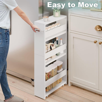Slim Rolling Storage Cart, Wood Utility Kitchen Bathroom Laundry Cart | 4 Tier Kitchen Cart with Wheels Handle, Laundry Room Organization, Narrow Bathroom Storage Cabinet, 5.5" Wide Storage Trolley2