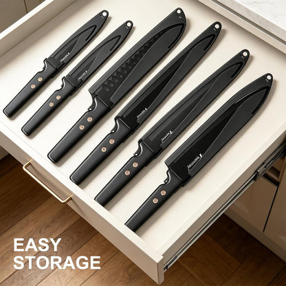 12-Piece Kitchen Knife Set, Stainless Steel Knives with Non-Stick Coating, Dishwasher Safe, Black Knife Set with Rose Gold Rivets 6 Blade Guards, Perfect for Home Chefs Cooking Enthusiasts6