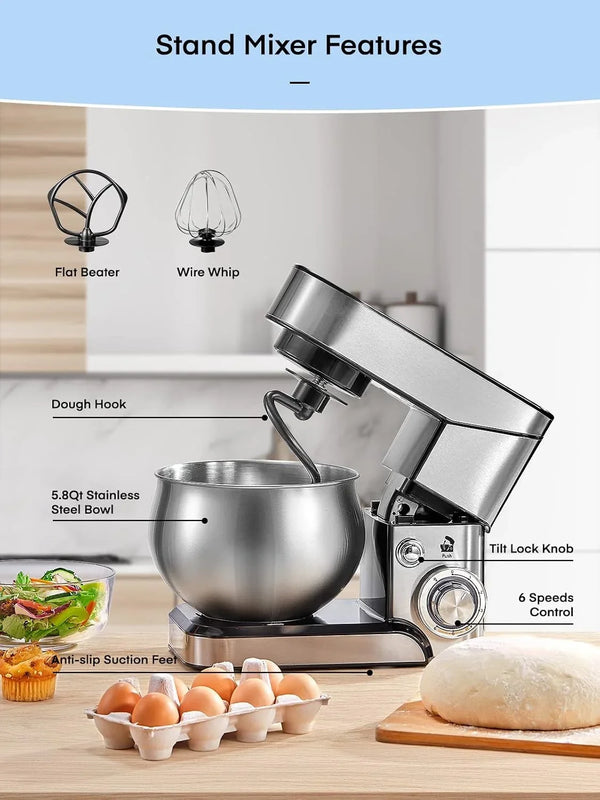 Stand Mixer , 5.8 QT Stainless Steel Mixer with Dough Hook, Mixing Beater, Wire Whip, Dishwasher-Safe, 6+P Speeds Tilt-Head Kitchen Dough Mixers for Cake, Electric Home Cooking Kitchen Mixer | Dough Hook, Mixing Beater, Wire Whip, Dishwasher-Safe, 6+P Speeds Tilt-Head, for Cake, Bread & Pastry4
