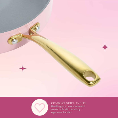 Iconic Nonstick Pots and Pans Set, Multi-Layer Nonstick Coating, Matching Lids with Gold Handles, Made without PFOA, Dishwasher Safe Cookware Set, 10-Piece, Pink9