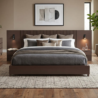 King Size Platform Bed with Built-In Nightstands and Reading Lights, Vertical Slatted Headboard, Heavy Duty Noise-Free Wood Bed Frame with Wood Slats Support,Walnut8