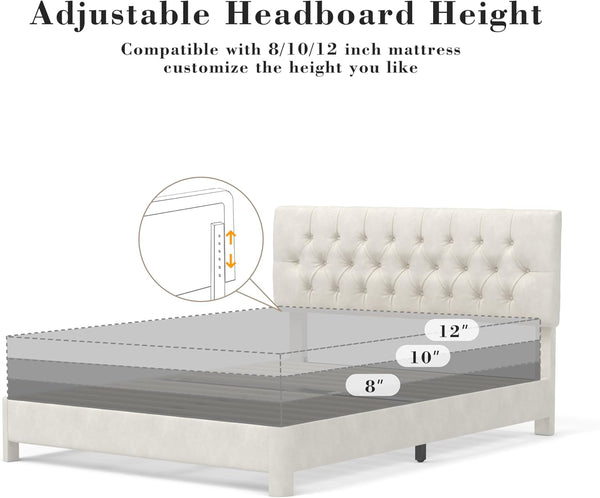 King Size Bed Frame with Headboard, Luxury Velvet Fabric Upholstered Bed Frame with Button Tufted Design, Strong Wooden Slats Support - Low & Sturdy, Noise-Free, No Box Spring, Easy Assembly, Beige3