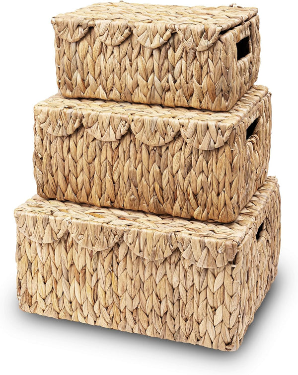 Set of 3 Scalloped Edge Wicker Basket with Lid, Rectangle Wicker Storage Basket with Built-In Handles, Multipurpose Organizer Rattan Display Boxes for Shelf, Nursery Room1