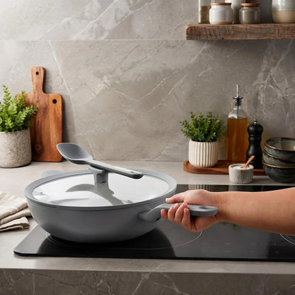 Leo Balance 12.75" Ceramic Nonstick Wok Pan with Glass Lid | 6.2Qt Flat Bottom Induction Stir Fry Pan, Recycled Aluminum, PFAS Free, Stay Cool Helper Handle, Spoon Rest Lid, Moonmist5