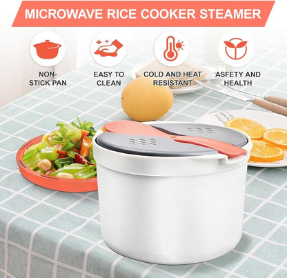 Microwave Rice Cooker Steamer,2L Microwave Rice Steamer Pasta Cooker with Strainer,Microwave Cookware Set,Non-Stick Food Grade for Rice, Pasta, Vegetables, Quinoa, Oatmeal, Ramen Non Stick (Orange)3