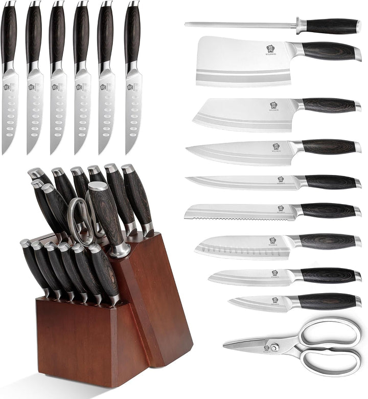 Kichen Knife Block Set, 17-Piece Knife Set with Wooden Block German Steel Kitchen Knives Sets with Bone Chopper, Gift Box+2