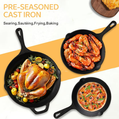 Cast Iron Skillet 3-Piece Set, Heavy-Duty Professional Restaurant Chef Quality Pre-Seasoned Pan Cookware Set, 6", 8", 10" Pans for Frying, Saute, Cooking, Use Indoor/Outdoor, Oven, Grill2