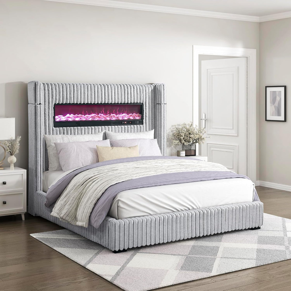 corduroy-upholstered-bed-frame-remote-fireplace-built-in-speaker-wingback-queen-bed-frame-with-headboard-wooden-slats-box-spring-needed-assembly-required-two-tone-gray