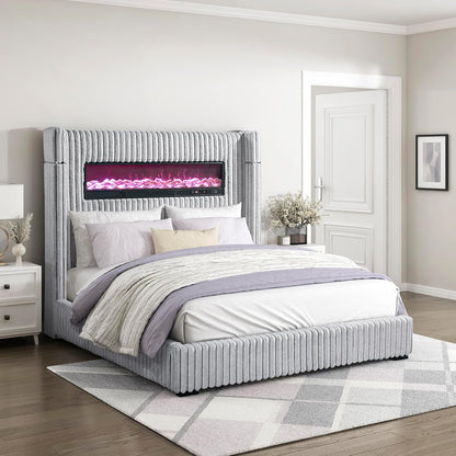 Corduroy Upholstered Bed Frame, Remote Fireplace, Built-In Speaker, Wingback Queen Bed Frame with Headboard, Wooden Slats, Box Spring Needed, Assembly Required, Two-Tone Gray1
