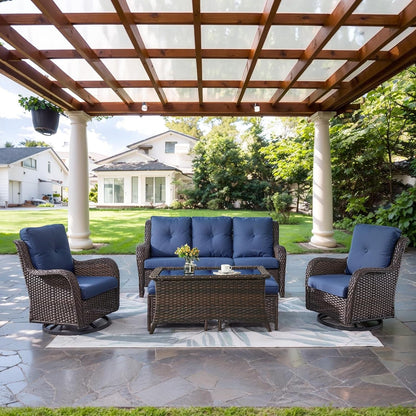 Wicker Outdoor Furniture Patio Furniture Set - 6 Piece Patio Conversation Set with Swivel Rocker Chairs, Rattan Sofa, Ottomans and Coffee Table, Blue Cushion1