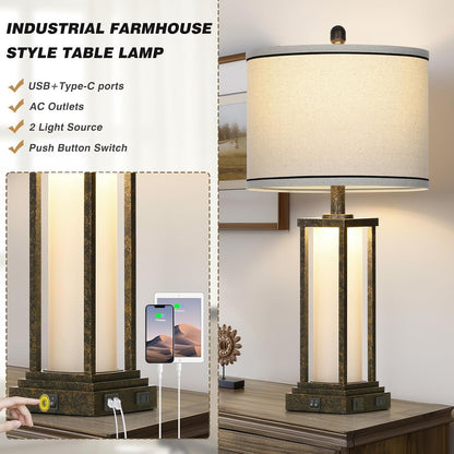 27Inch Tall Bedside Table Lamps with Charging Ports for Living Room,Traditional Lamp with Night Light for Bedroom Nightstand,Single Bronze4