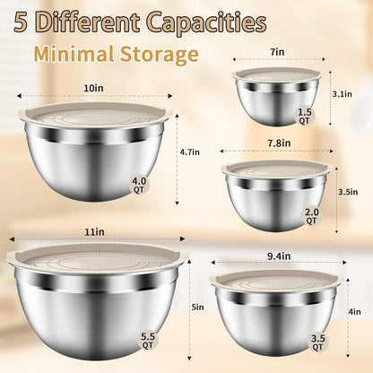 Mixing Bowls with Airtight Lids Set, 5 PCS Stainless Steel Khaki2