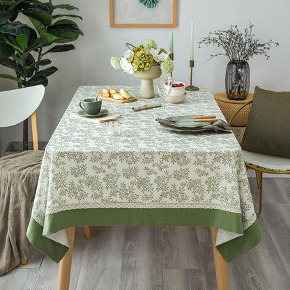 Rustic Tablecloth Solid Cotton Fabric Bordered Retro Tablecloths Classic Plant Leaf Printed Linen Fabric Table Cover Farmhouse Decoration 55X102 Inches Rectangle/Oblong Green for Kitchen3