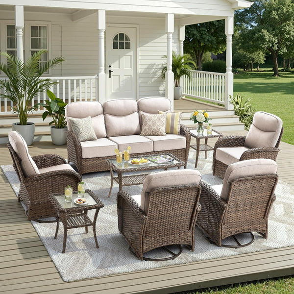 8 Pieces Luxury Outdoor Patio Furniture Set with 6-Inch Thick Cushions, Wicker Outdoor Furniture with High Back Swivel Patio Chairs Set of 4, Patio Conversation Set for Deck Garden Porch, Beige1