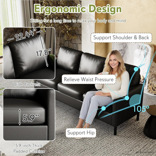 72'' Black Faux Leather 3-Seater Couch with USB, Small Sofa for Living Room6