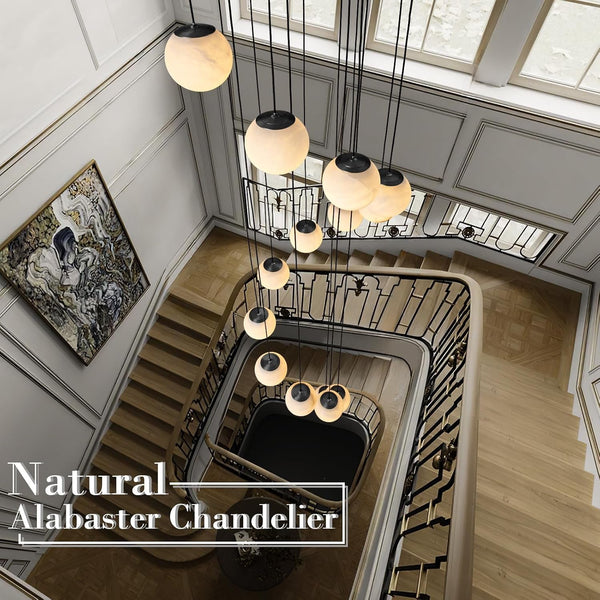 Black Alabaster Staircase Chandelier, 14-Light Modern Marble Pendant Light for High Ceiling Foyer, Luxury Statement Fixture for Entryway & Living Room5
