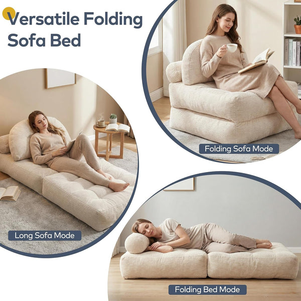 Convertible Corduroy Floor Sofa, 3-In-1 Folding Lazy Sofa Bed with Adjustable Backrest, Soft Bean Bag Chair Lounger for Living Room, Bedroom, Guest Room, Oversized Sleeper Chair3