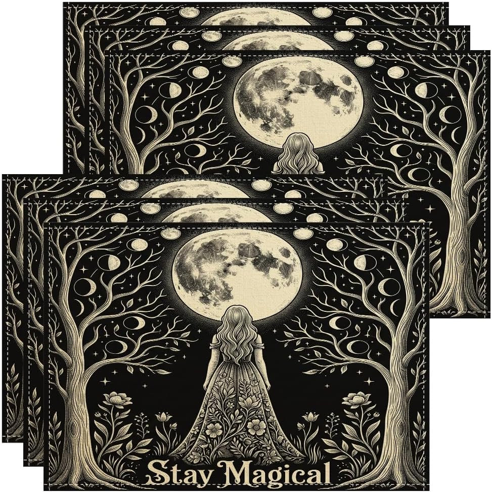 moon-placemats-set-of-6-fanciful-fantasy-trees-flowers-mystical-black-washable-non-slip-linen-placemats-decor-for-kitchen-indoor-outdoor-dinner-bbq-party-18x12-inch