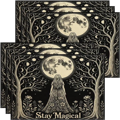 Moon Placemats Set of 6, Fanciful Fantasy Trees Flowers Mystical Black Washable Non-Slip Linen Placemats Decor for Kitchen Indoor Outdoor Dinner BBQ Party 18X12 Inch1