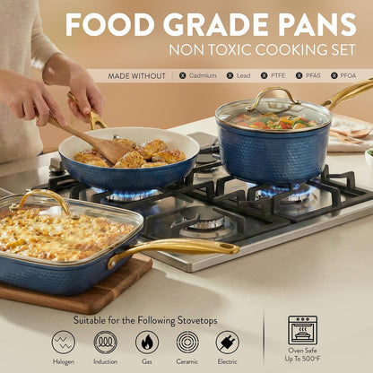 Hammered 20Pcs Ceramic Cookware Set, Induction Pots and Pans Set Non Stick with Deep Fry Pan, Steamer, & Bakeware, Non Toxic PFOA PFOS Free, Oven & Dishwasher Safe3