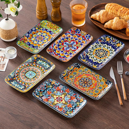 Simi 6-Piece Rectangular Ceramic Plates Set, 8.5" X 5.1" Small Dessert & Sushi Plates, Bohemian Appetizer Serving Plates, Microwave & Oven Safe Porcelain Plates6