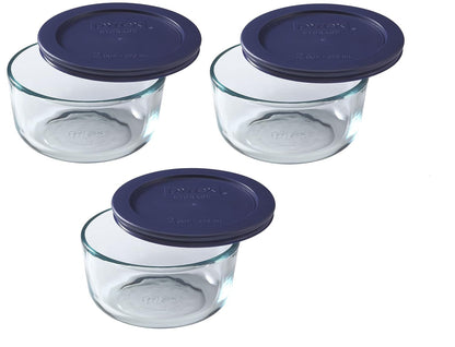 7200 2-Cup Glass Bowl & 7200-PC Dark Blue Lid (3-Pack) - Made in USA2