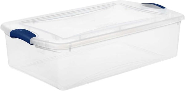32 Qt Medium Latching Storage Bin, Clear Plastic Container with Secure Blue Latch Lid, 24" X 16" X 7", Stackable Underbed Storage Organizer for Bedroom, Closet and Dorm1