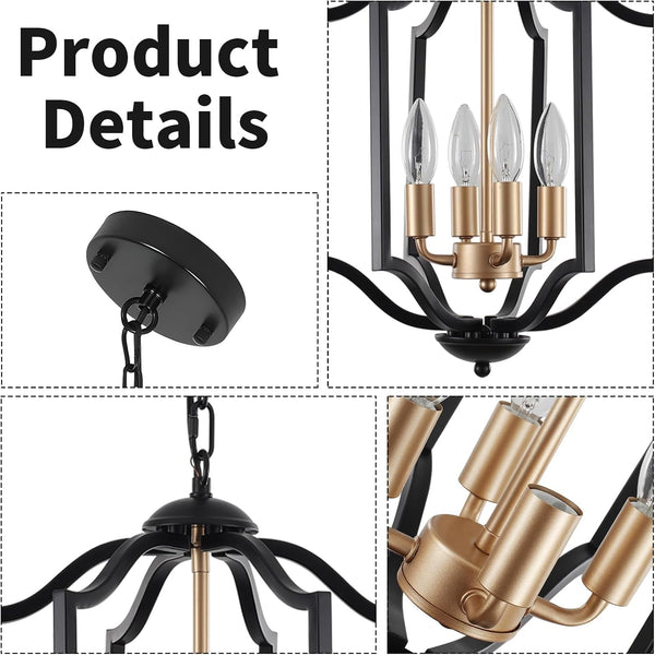 Black and Gold Chandelier Light Fixture, 4-Light Farmhouse Chandelier Dining Room Light Fixtures Rustic Hanging Small Entryway Pendant Light for Kitchen Island Foyer Living Room3