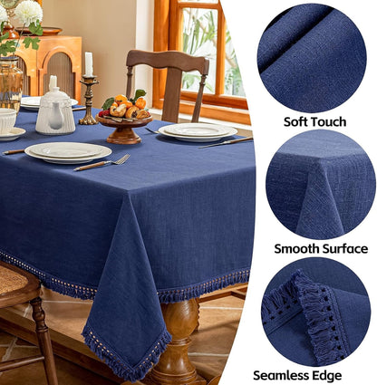 Linen Tablecloth Table Cloth Stitching Tassel Rectangle Decorative Natural Table Cover for Kitchen Dinning Wedding Buffet 55 X 86 Inch Sodalite Blue2