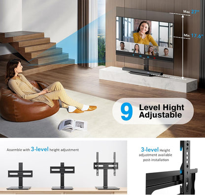 Universal TV Stand - Table Top TV Stand for 27-60 Inch LCD LED Tvs - 9 Level Height Adjustable TV Base Stand with Tempered Glass Base & Wire Management, VESA 400X400Mm3