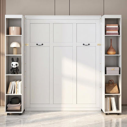 Queen Murphy Bed with 3 Doors Wardrobe Closet, Wood Wall Bed for Guest Room and Home Office, White Folding Lifting Bed W4