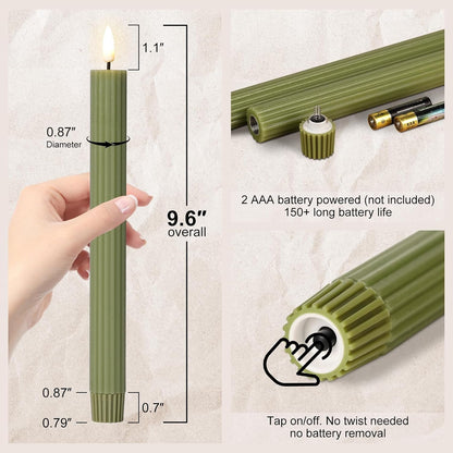 Olive Green Ribbed Flameless Taper Candles with Remote Set of 42