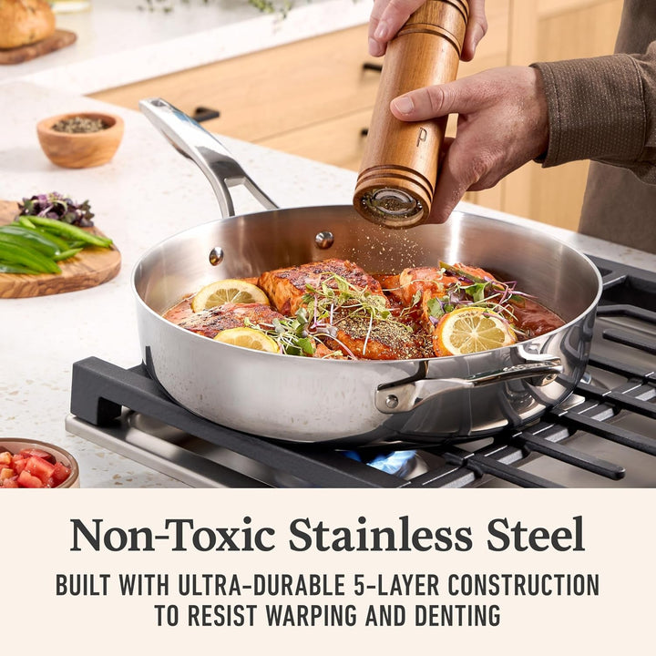 Calphalon Premier Polished 5-Ply Stainless Steel Cookware Set W/Turbo Heat Tech 6 Piece Includes Frying Pans, Pots and Pans Set, Induction, Oven Safe 500F, PFOA Free, Polished Stainless Silver+2