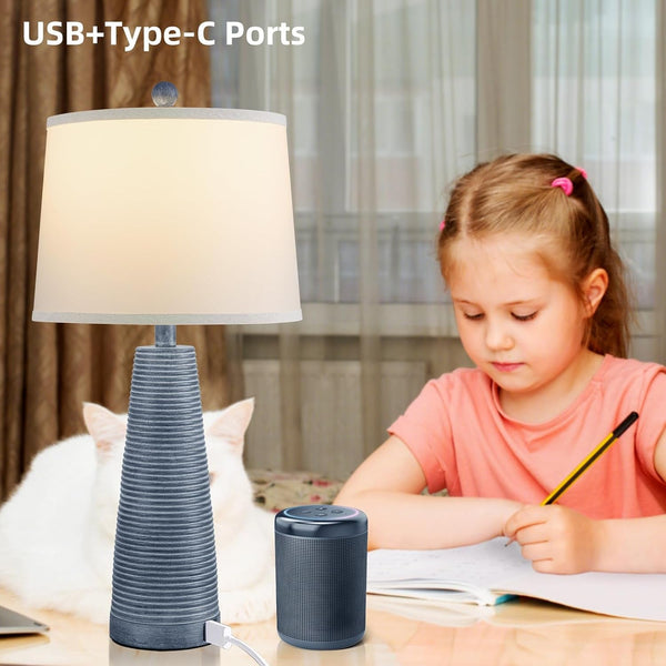 Nightstand Lamp Bedside Lamps Set of 2 Vintage Rustic Farmhouse Table Lamp 3 Way Dimmable Horizontal Stripe Light,Suitable for Living Room Bedroom,With Linen Shade LED Bulb,Usb A+C Port2