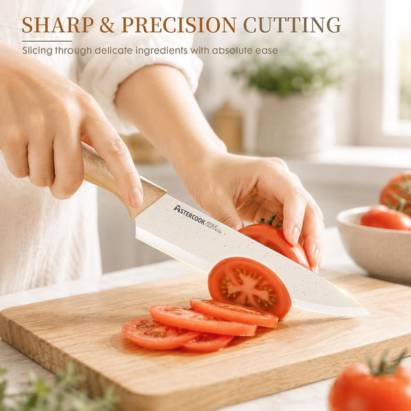 Knife Set, 13 Pieces Kitchen Knives Set with Ceramic Coating, Stainless Steel Chef Knife Sets with 6 Blade Guards, Dishwasher Safe Knives with Wood Grain Handle, Elegant White3