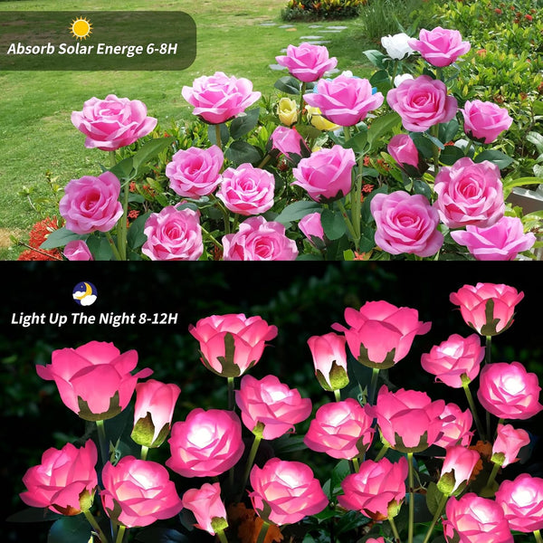 Solar Garden Lights, Solar Outdoor Lights with More Realistic 10 Rose Waterproof Solar Powered Flowers for outside Patio Yard Pathway Decorations, 2 Pack Pink4