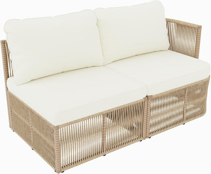 Outdoor Patio Furniture Set, PE Rattan Wicker Conversation Sofa Set with Iron Frame Cushions and Glass Top Coffee Table, Modular Backyard Balcony Seating Set, Dark Beige11