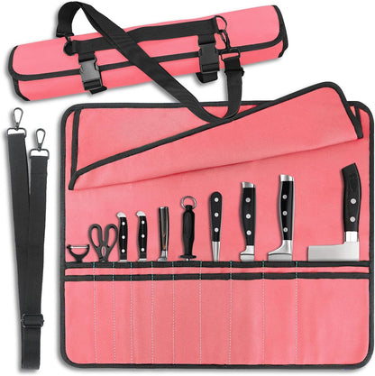 Pink Chef Knife Bag with 20 Slots Cutlery Knives Holders Protectors, Home Kitchen Travel Cooking Tools, Portable Canvas Knife Roll Storage Bag Chef Case for Camping or Working1