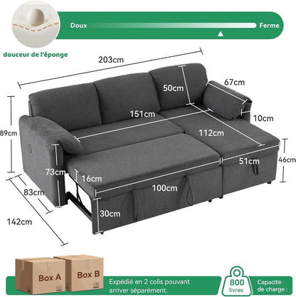 80'' Pull Out Sofa, 3 in 1 Sleeper Sofa Couch with USB & Storage Chaise, Comfy Sofa Bed with Pull Out Bed, Convertible Sleeper Sofas for Living Room, Small Spaces, Dark Gray2