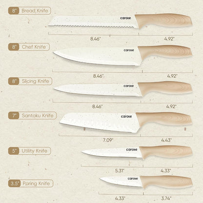 12-Piece Knife Set, Knives with Wood-Grain Finish Handles, White | 6 Blade Guards, Stainless Steel Blades, Ceramic Nonstick Coating, Long-Lasting Sharpness, Rust-Resistant, Camping, RV2