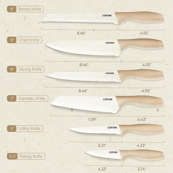 12-Piece Knife Set, Knives with Wood-Grain Finish Handles, White | 6 Blade Guards, Stainless Steel Blades, Ceramic Nonstick Coating, Long-Lasting Sharpness, Rust-Resistant, Camping, RV2